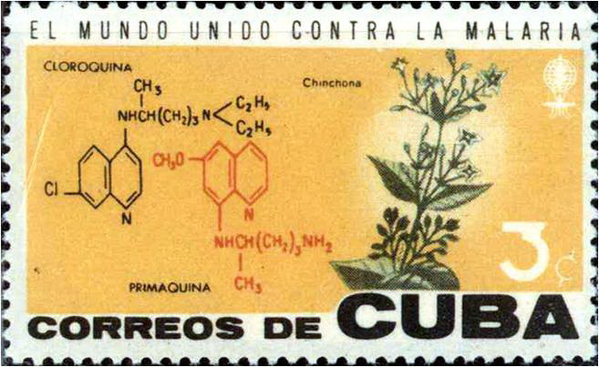 古巴郵票上氯奎和伯氨奎的結構式