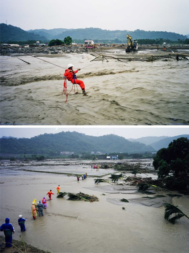 救難人員在桃芝颱風期間利用繩索越過氾濫中的東埔蚋溪進行救援工作(劉興崧副大隊長提供)。