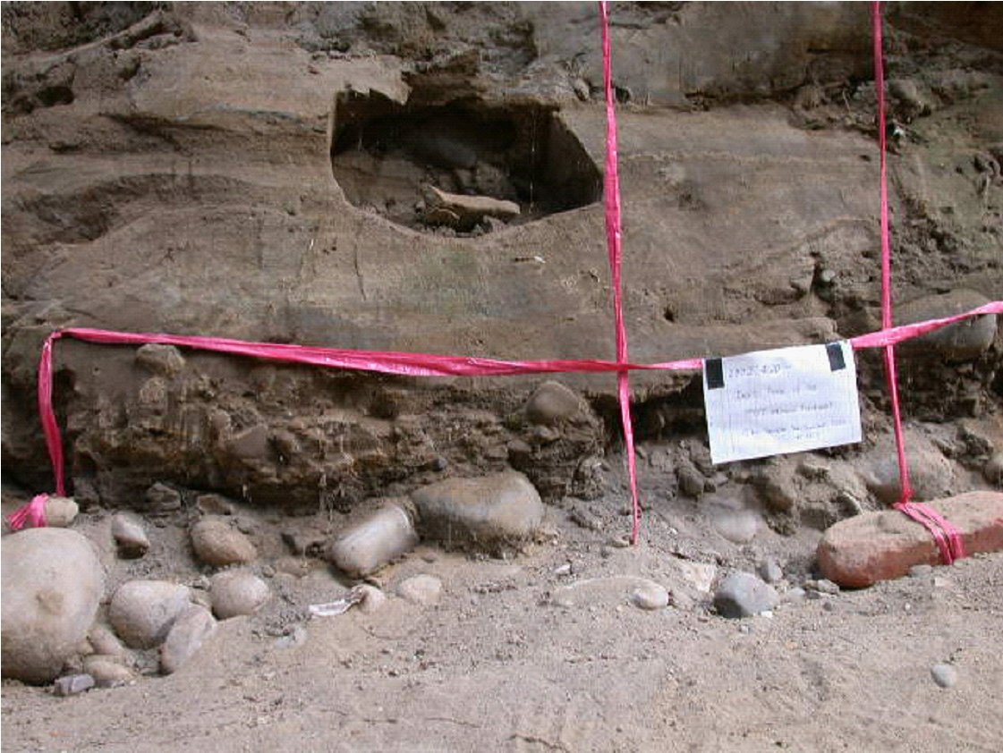 攝於「試溝」內TOT 施工後4個月(2000年8月10 日)。可以見到未施工處(紅繩左邊)的砂層已崩塌成坑洞，但有TOT施工(紅繩內區域)則安然無恙，由此可見TOT 的固結效果。