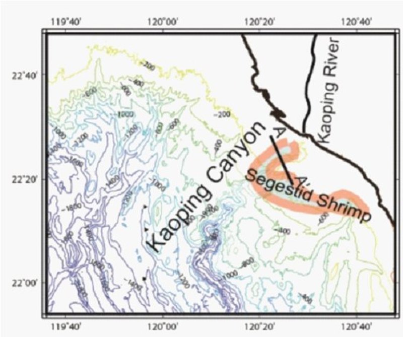 高屏海底峽谷(Kaoping Canyon)頭部與櫻花蝦分布圖(修改自Chiang and Yu, 2021)。