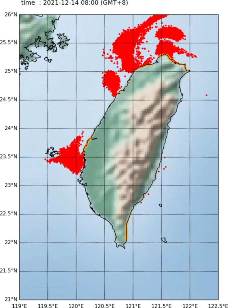 2021年12月13日模擬火山浮石在24小時後的預估動態（引自海洋委員會火山浮石訊息專區）