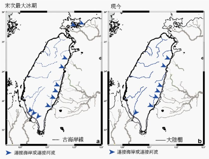 圖2 左圖是末次最大冰期(約2萬年前)臺灣周圍海底峽谷與古海岸線分布，當時有11條海底峽谷與海岸相連；右圖是現在臺灣周海底峽谷分布，仍有7條海底峽谷與海岸相連。(修改自Chiang et al., 2022)