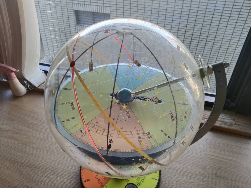 現在常見的教學用天球儀，也是把星星點在一個球上由外觀看的角度。
