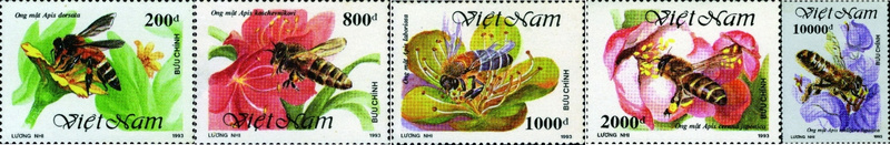 越南所發行的蜜蜂郵票(從左至右：巨型蜜蜂、沙巴蜜蜂、黑大蜂、東方蜜蜂日本亞種、義大利蜂)。
