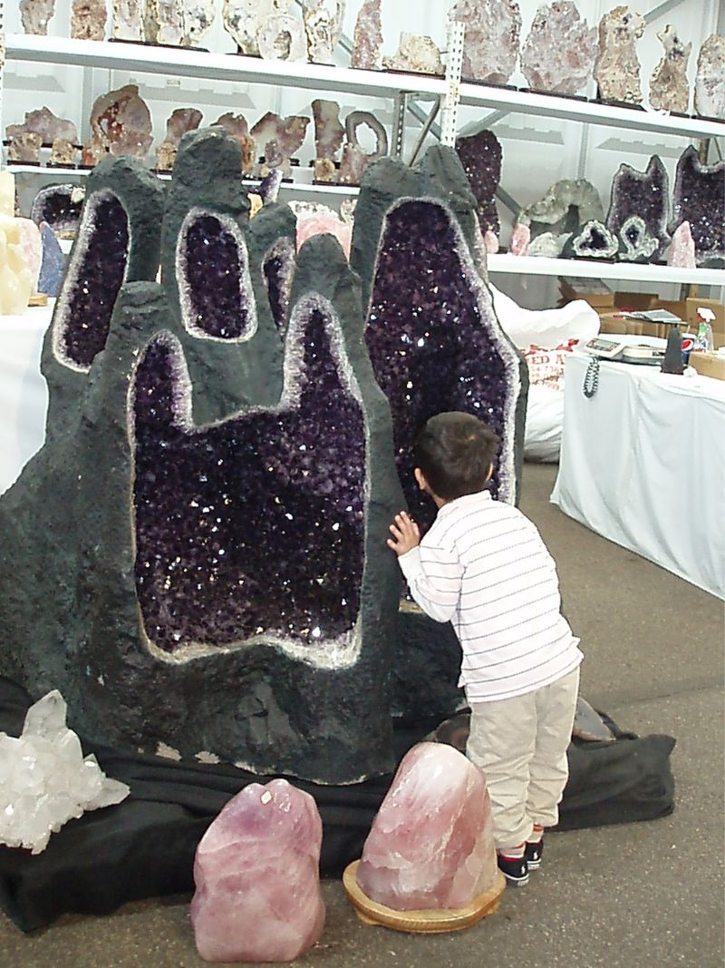 礦物與化石市集中對紫水晶洞非常好奇的小朋友