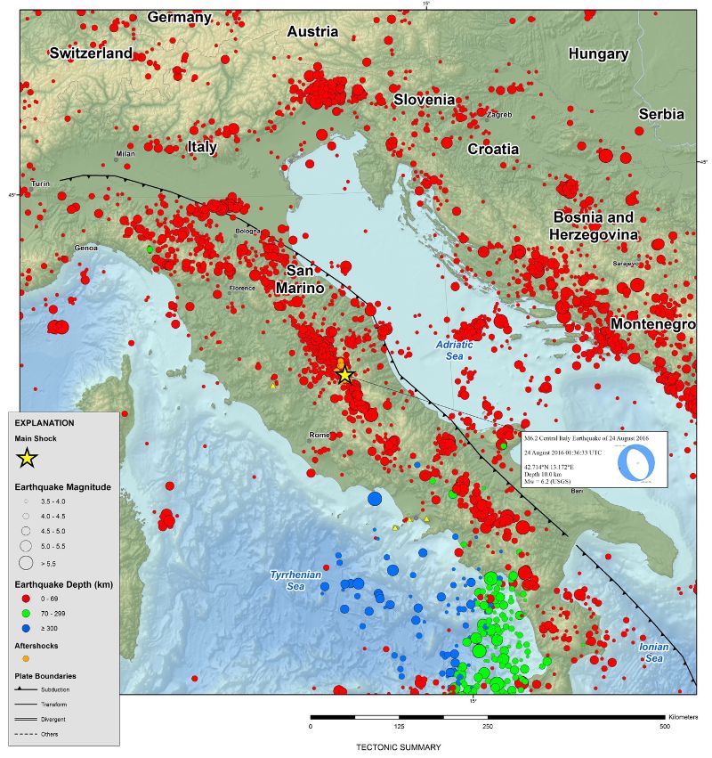 1900年以來義大利地震分布圖，黃色星星指示2016年8月24日的義大利中部地震的震央位置。資料來源：USGS網頁：https://earthquake.usgs.gov/earthquakes/eventpage/us10006g7d/executive