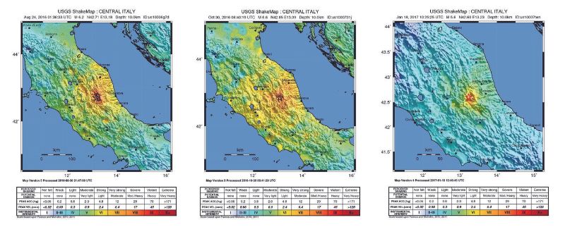 2016-2017年義大利中部3個主震的震度分布圖(資料來源：USGS網頁)。左圖：2016/8/24主震；中圖：2016/10/30主震；右圖：2017/1/18主震。