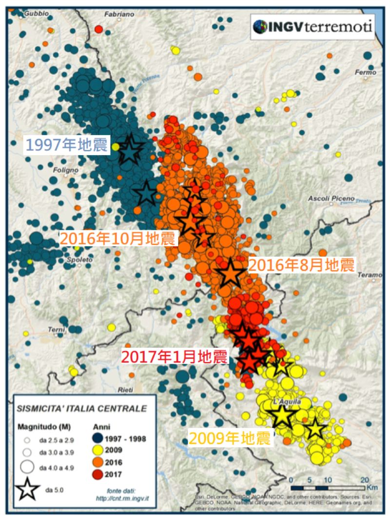 1997年8月-2017年義大利中部地區的地震分布圖。紅色與橘色分別為2016年與2017年的地震，黃色：2009年拉奎拉地震(2009 L'Aquila earthquake)，灰藍色：1997年翁布里亞和馬爾凱地震(1997 Umbria and Marche earthquake)。資料來源：義大利國家地球物理和火山研究所(INGV https://www.ingv.it/it/)