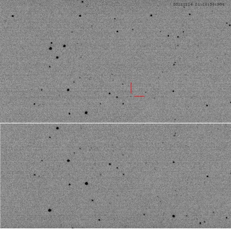 科博館林志隆博士觀測截圖，上圖是還未掩星之前，紅線交會所指就是將被遮掩的14.6等星，在下圖中那顆星已經看不見了。