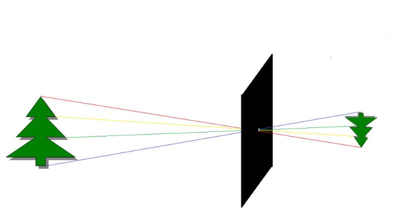 針孔成像，物體上方的光直直穿過針孔會跑到下方，一一對應後，不難理解為什麼影像跟物體會上下相反。