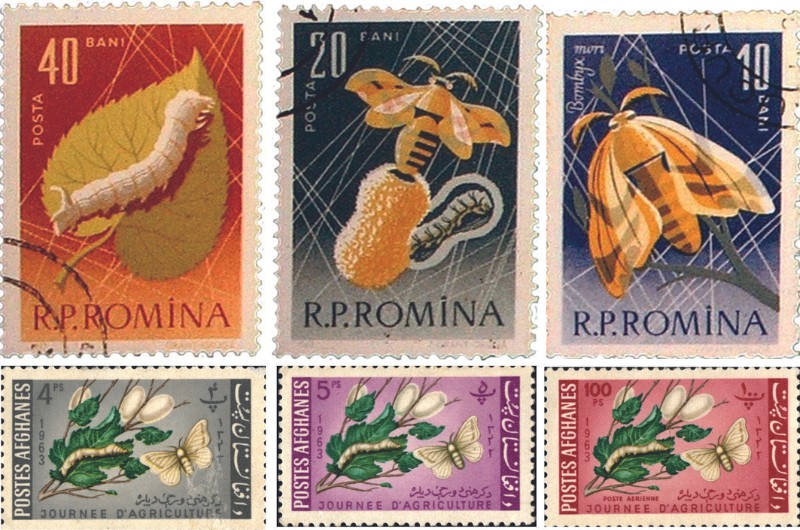 1963年羅馬尼亞及阿富汗發行的養蠶及絲織相關的郵票