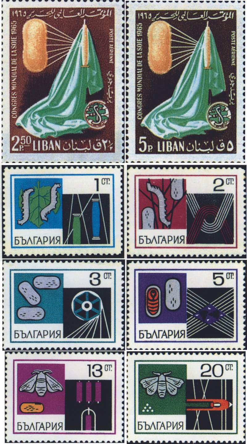 1965年黎巴嫩所發行的國際蠶絲會議之紀念郵票以及1969年保加利亞發行的「絲綢工業」郵票