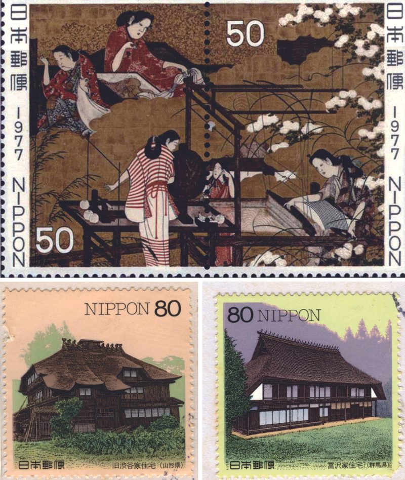 日本所發行的與製作絲綢相關及紀念養蠶農家的郵票