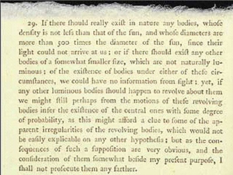 米契爾的手稿說明要多大的星球會產生光發射不出去的效果（取材自American Museum of Natural History）