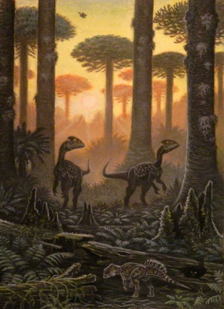 準噶爾盆地石樹溝組的生態想像圖，林下有兩隻冠龍及一隻隱龍。(ABelov2014, 2015/ Wikimedia CC)