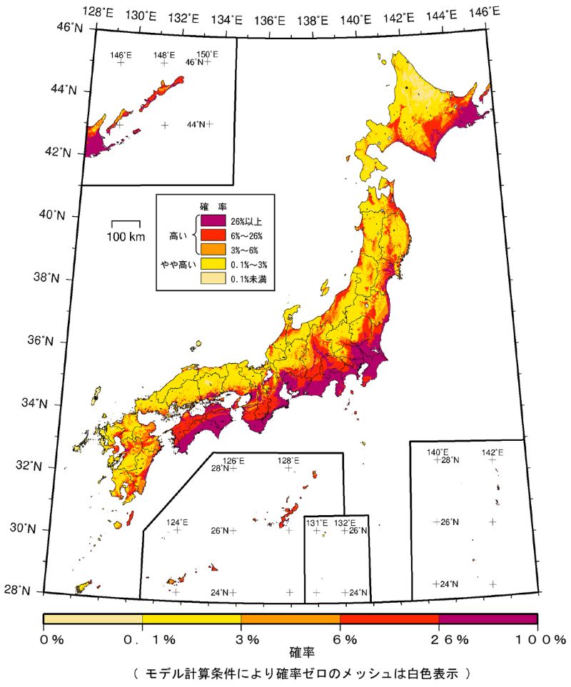 日本未來30年地震引發震度6強的機率圖(資料來源：日本地震本部網頁https://www.jishin.go.jp/evaluation/seismic_hazard_map/shm_report/shm_report_2020/