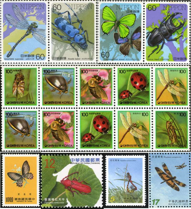 昆蟲的種類繁多，也是世界各國郵票上的重要介紹對象，圖為日本(上)、韓國(中)及臺灣(下)郵票上的不同昆蟲種類。