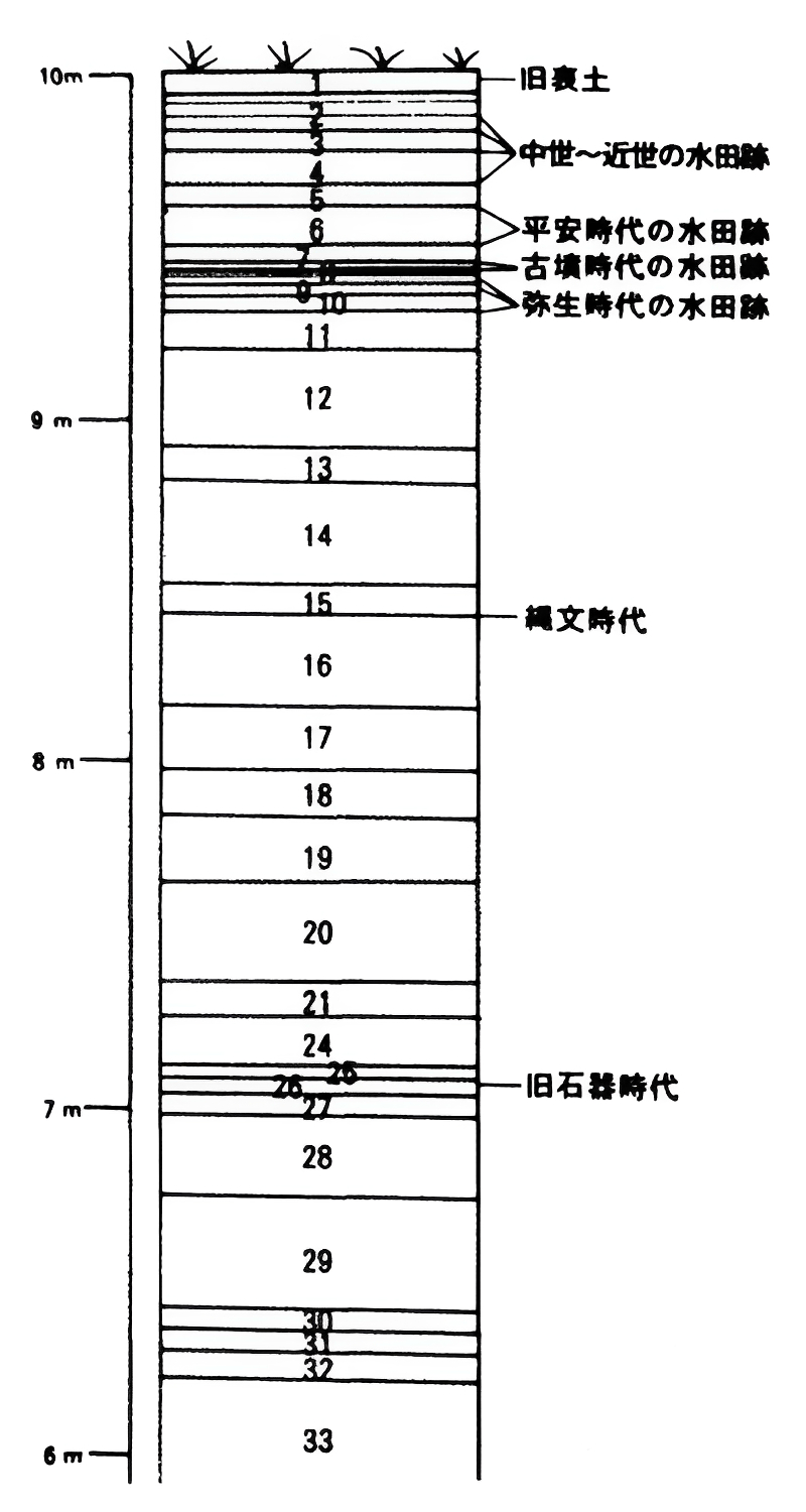地層時間柱狀圖，資料來源：仙台市富沢遺跡(第30次調査の概要)，1989。