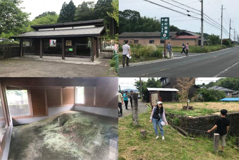 鄉村斷層的保存現況。右上：公路旁指引鄉村斷層樋口地區的路牌；左上：為保護鄉村斷層斷層崖所蓋的小屋；左下：小屋內所保存1927年北丹後地震的斷層落差；右下：鄉村斷層小池地區的遺址，圖中兩個地界石樁標示著北丹後地震所產生的斷層水平位移。（圖 / 鍾令和）