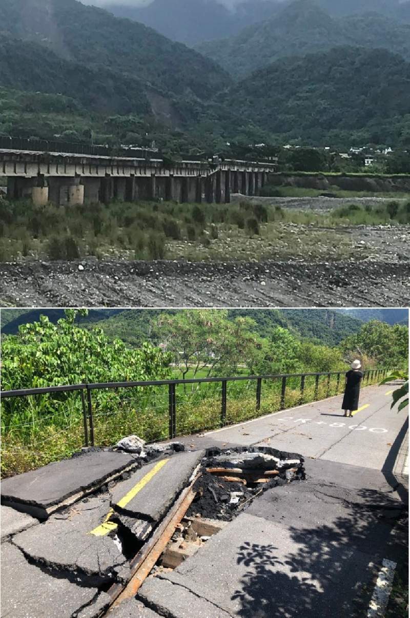 上圖：被關山池上地震抬升後的玉富自行車道；下圖：腳他車道上被折彎突出地面的鐵軌。（圖 / 鍾令和）