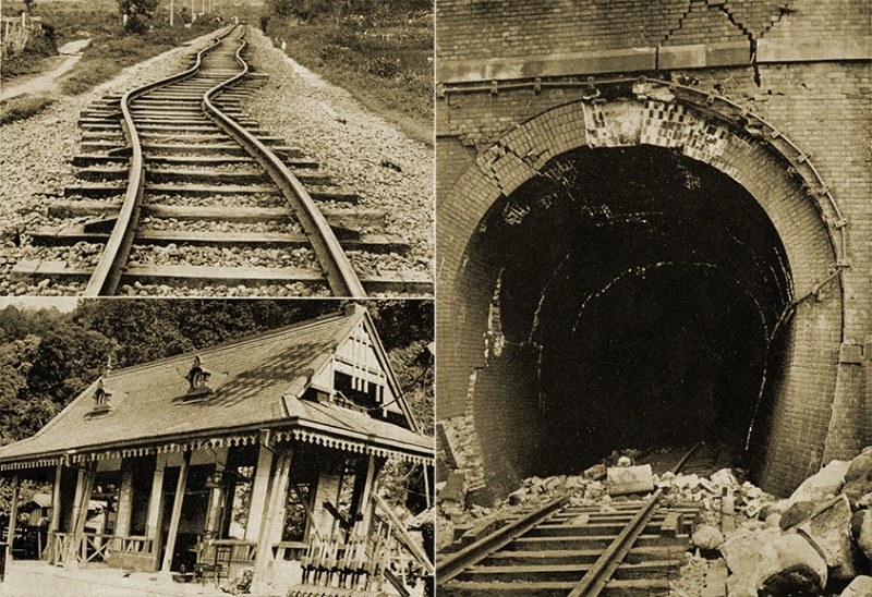 西元1935年新竹臺中地震鐵路損毀照片，左下圖為舊「泰安車站」。資訊來源：昭和10年臺灣震災誌。
