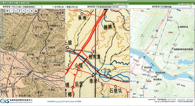 臺鐵舊山線(三義-后里)歷史地圖比對，由左至右，西元1932年、西元1988年、現今。右圖中拉直的縱貫鐵路為1997年完工的新山線雙軌工程。資訊來源：中央研究院人社中心地理資訊科學研究專題中心，臺灣百年歷史地圖 http://gissrv4.sinica.edu.tw/gis/twhgis/MapCompare/