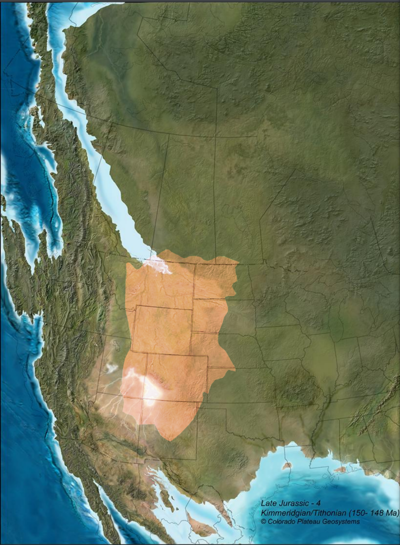 北美洲在晚侏羅世啟莫里/提通期交替階段(1.50-1.48億年前)的推測地形圖，淡褐色區為莫里遜沉積盆地。注意從加拿大一路延伸到美國的聖丹斯海，此時已快要完全退出盆地範圍；西南角淡色沖積區位於今日的科羅拉多與猶他州，兩地都是著名的恐龍原鄉(以Colorado Plateau Geosystems CC底圖編輯加上手繪之莫里遜盆地範圍)。