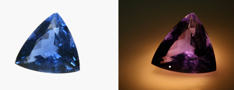 經琢磨過的水滴型螢石裸石，在日光燈下呈藍色，當光源改為白熾燈時則變為紅紫色，變色效應相當明顯。產地：坦尚尼亞；重量：11.21克拉。（圖／陳君榮）