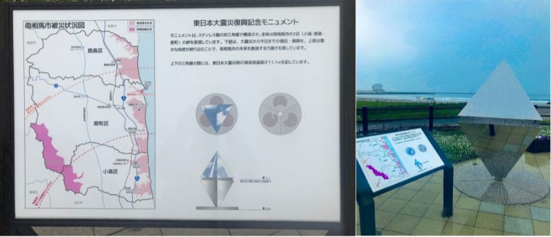 右圖：南相馬市紀念公園紀念碑(https://www.reconstruction.go.jp/portal/chiiki/2021/20210517140854.html)(2021年4月24日落成)，由正三角形所組成的八面體地標，在腰部寫著此地311海嘯高度達11.1公尺；左圖：紀念碑解說牌上右側靠海粉紅色區域標示著被海嘯侵襲的範圍。而左側紫紅色的地區則是受福島核災汙染區。（圖/鍾令和）