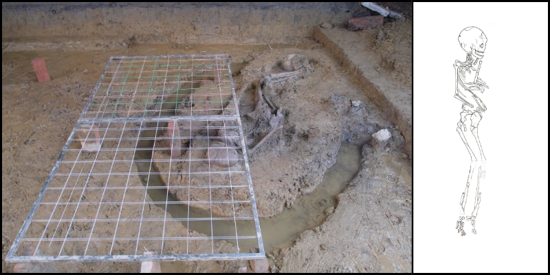 左：人骨墓葬的測繪工作。右：墓葬測繪圖。