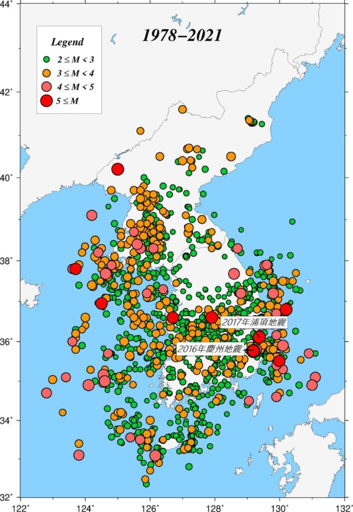 近期朝鮮半島的歷史地震分布圖(1978-2021)。資料來源：韓國氣象廳Korea Meteorological Administration。