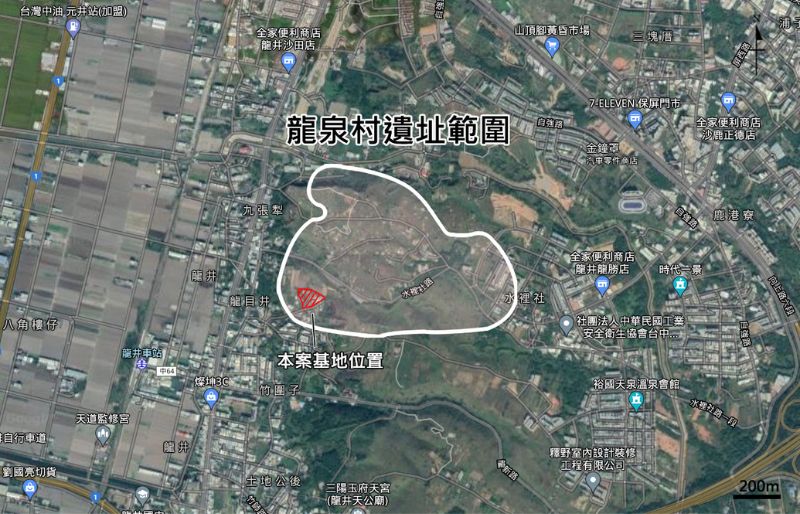 龍泉村遺址的分布範圍與本案基地位置。(圖/劉克竑)