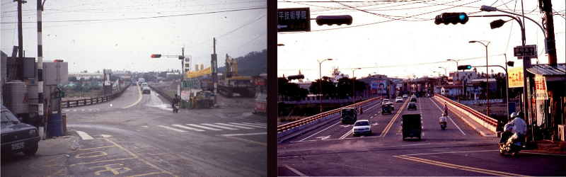比較集集地震前（左）與修復後的一江橋（右）。