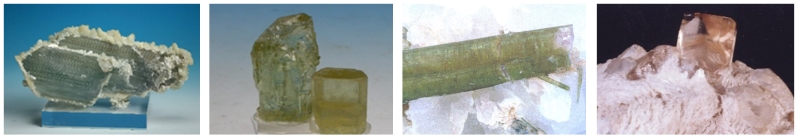 由左至右依序為鋰輝石、綠柱石、電氣石、黃玉。(圖/董國安)