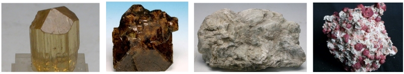 由左至右依序為方柱石、符山石、矽灰石、鈣鋁榴石。(圖/董國安)