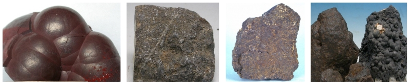 由左至右依序為腎狀赤鐵礦、鮞（ㄦˊ）狀鋁土礦、塊狀軟錳礦、豆狀硬錳礦。(圖/董國安)