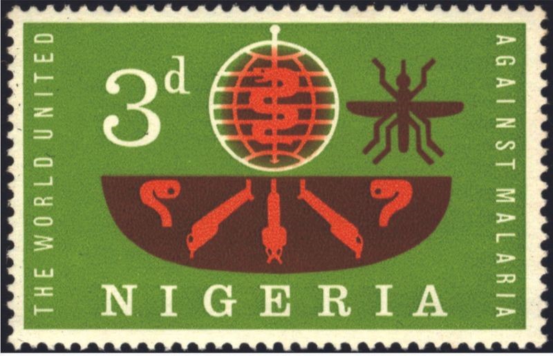 奈及利亞郵票上，3隻倒立在水中的幼蟲通過腹部末端的呼吸器官在水面上吸取氧氣，幼蟲的兩邊是蛹。