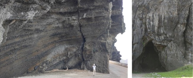 圖左紅頭岩火山岩堆疊構造火山角礫岩整齊排列。 圖右為五孔洞常見 X 形共軛解理。（圖／董國安）