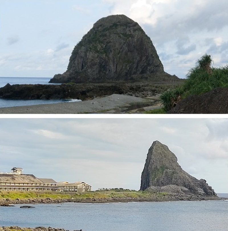 圖上清晨在椰油村珊瑚礁海邊由西向東望饅頭岩，外型像饅頭。圖下在開元港東側海邊由東向西望，看來卻像水餃。（圖／董國安）