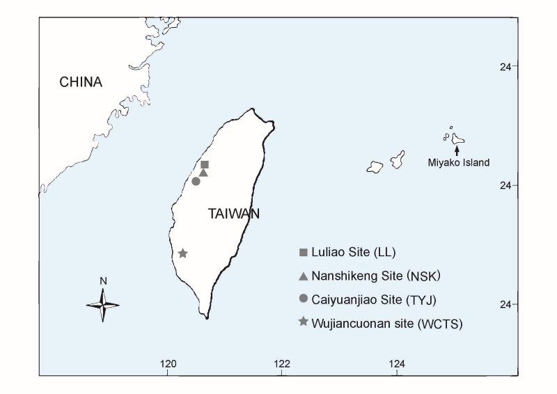 文中提到出土東方田鼠考古遺留以及化石的遺址位置圖。 LL為 鹿寮遺址， NSK 為南勢坑遺址， TYJ 為菜園角遺址， WCTS 為五間厝南遺址。 Miyako Island 為宮古島。（圖／陳彥君、侯虹如）