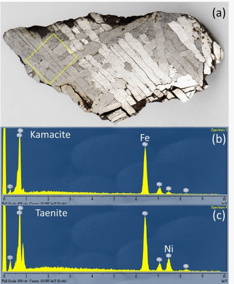 (a) 墨西哥 Toluca 鎳鐵隕石，屬 IAB 群的粗晶八面隕鐵，鎳含量 8.1%。黃色框之分析請見圖 2a。(b) 及 (c) 分別為 Toluca 隕石中鐵紋石及鎳紋石之能量分散 X 射線光譜。可見鎳紋石比鐵紋石有較強之鎳訊號。