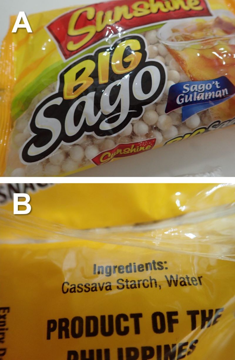 市售西谷米原料外觀（菲律賓購得）。（A）包裝正面，寫著大大的 Sago；（B）包裝背面，寫著由樹薯澱粉製造。（圖／蔡孟穎）