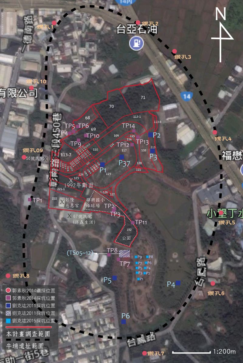 牛埔遺址列冊範圍(紅)及各次調查坑位圖