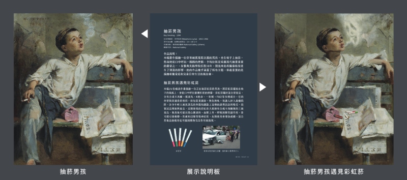 藉由展示說明板，來說明原畫作的藝術內涵與改作畫作的毒害訊息。（圖／楊中信）