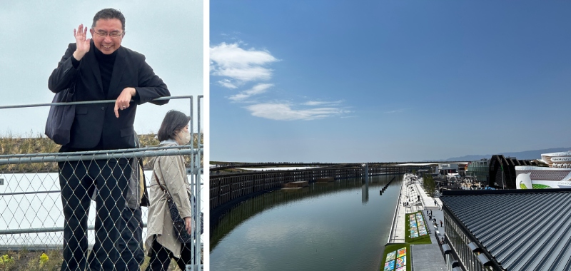 左圖為建築師藤本壯介現身大屋根天空步道，親自講解其設計理念與空間構想；右圖為自天空步道俯瞰，象徵生命源流的「水之廣場」與各國展館左右對望，勾勒出一幅全球對話的永續地景。（圖╱謝玉鈴）
