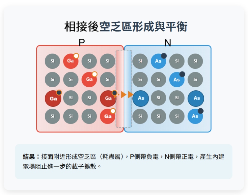 把 P 型和 N 型半導體接在一起後，介面附近的 N 型半導體多出的電子會有部分跑進 P 型那邊的電洞裡達成平衡，但是兩者間會形成一個電場。（圖／林志隆）