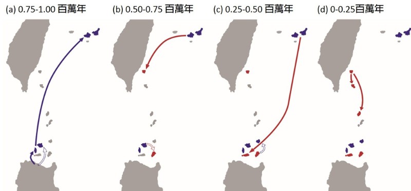 球背象鼻蟲在島嶼間一百萬年內的擴散歷史。藍色為北向擴散、紅色為南下擴散。空心箭頭與實心箭頭代表兩個主要的擴散路線。