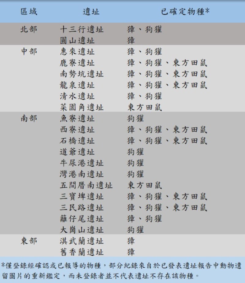 表一：截至目前（2025）已發現獐、狗獾或東方田鼠遺留的考古遺址。（資料整理與製表／陳彥君）