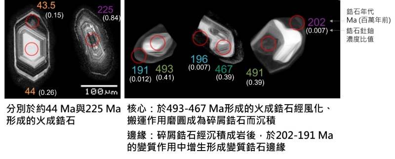 鋯石定年數據的解釋，需結合圖中陰極射線發光影像與分析結果中的釷鈾比值（白色數字為釷鈾比值（Th/ /U））來進行推論。（圖／林郁伶）