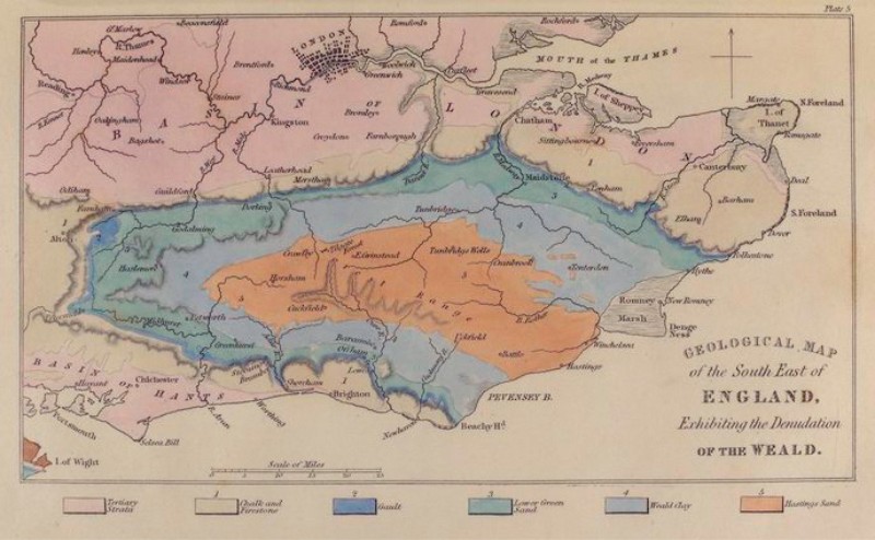 萊爾在 1833 年《地質學原理》第三版中繪製英國東南部威爾德盆地（圖中粗灰色線所圍區域）之地質圖，其地層岩性以白堊（Chalk）、黏土為主，後來達爾文在《物種起源》中根據此地區的地層侵蝕狀況做出年齡估計。